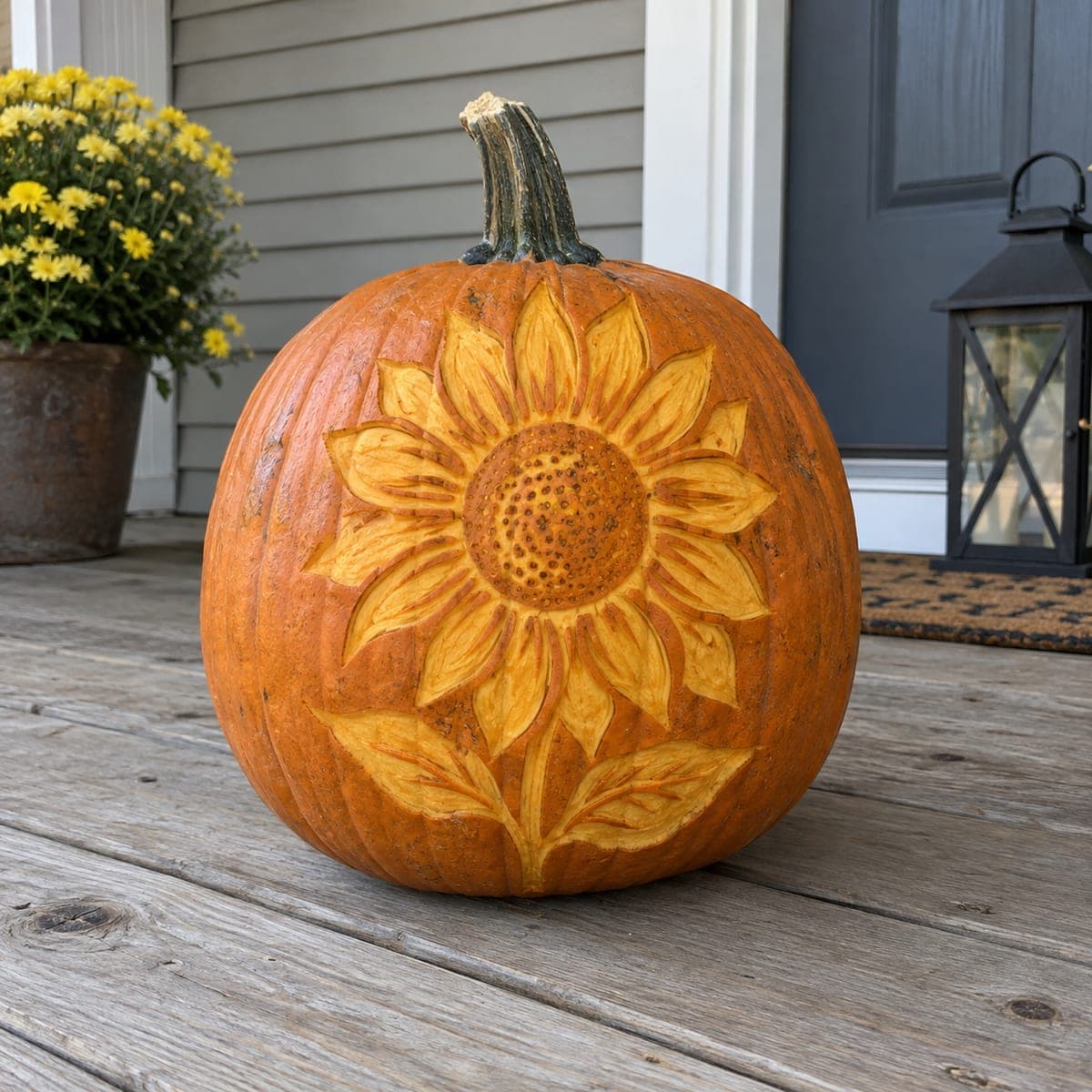 Sunflower Etched Pumpkin for Fall Porch Decor