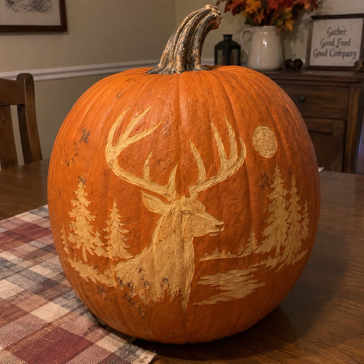 Whitetail Buck and Pine Forest Etched Pumpkin