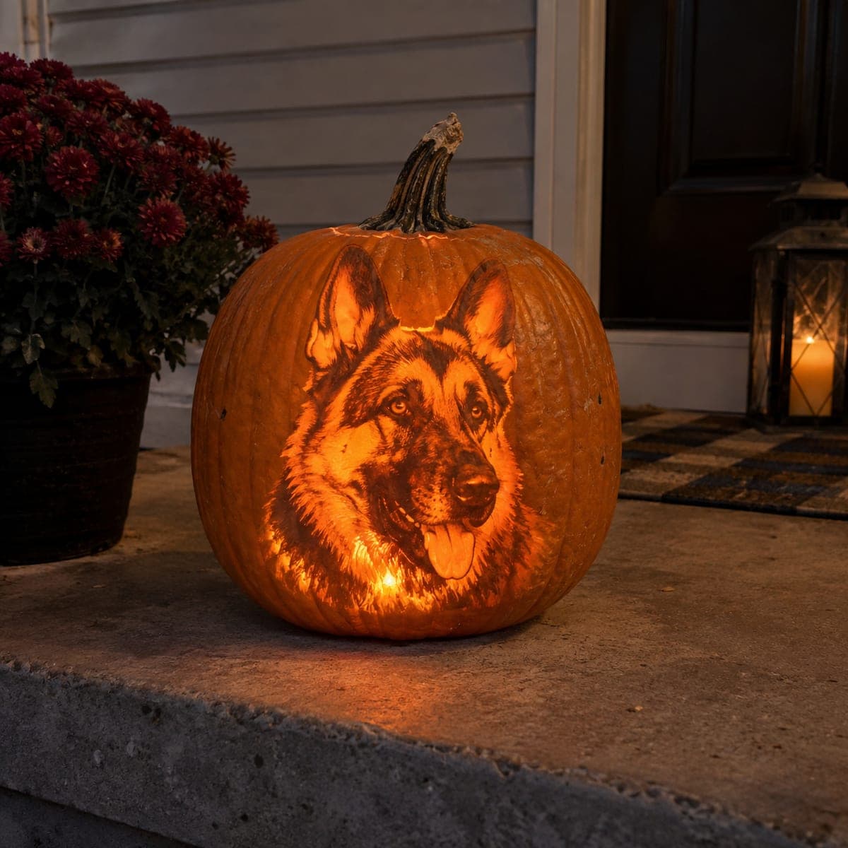 German Shepherd Portrait Carved Pumpkin
