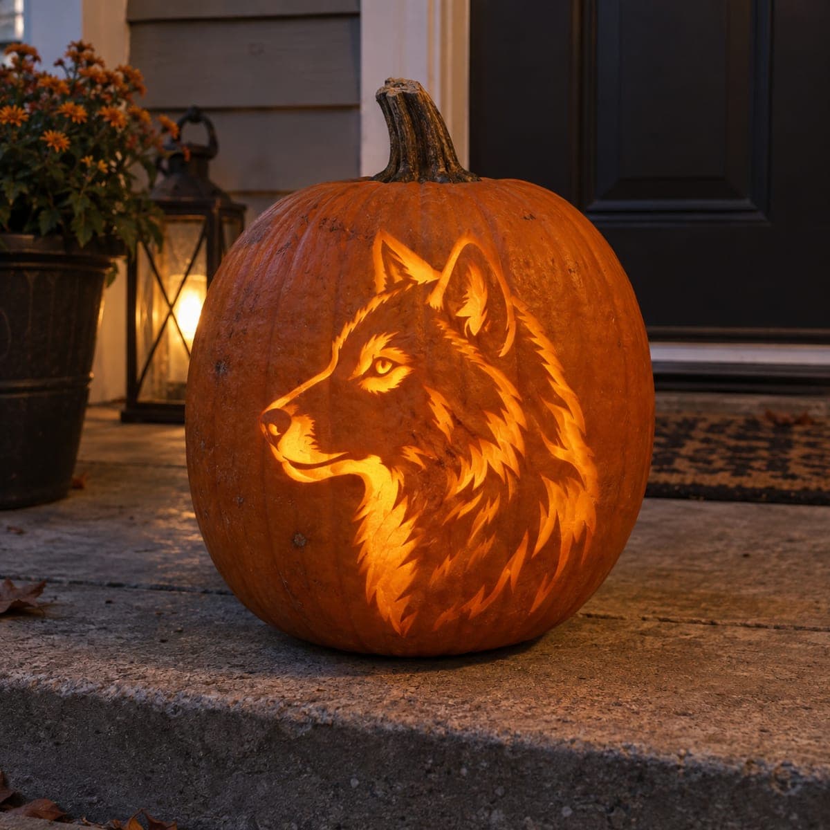 Wolf Profile Etched Pumpkin Carving at Night