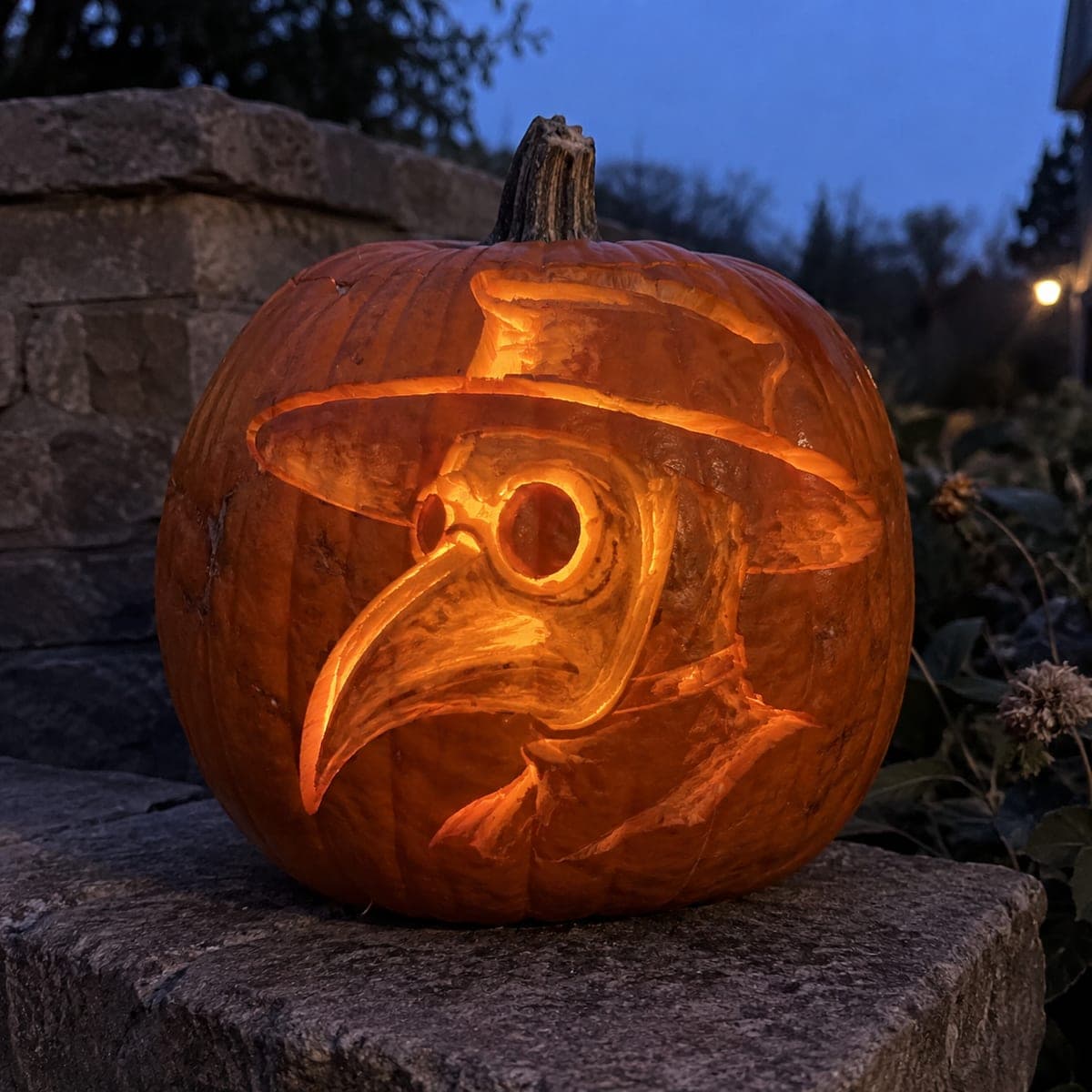 Plague Doctor Mask Pumpkin Carving at Dusk
