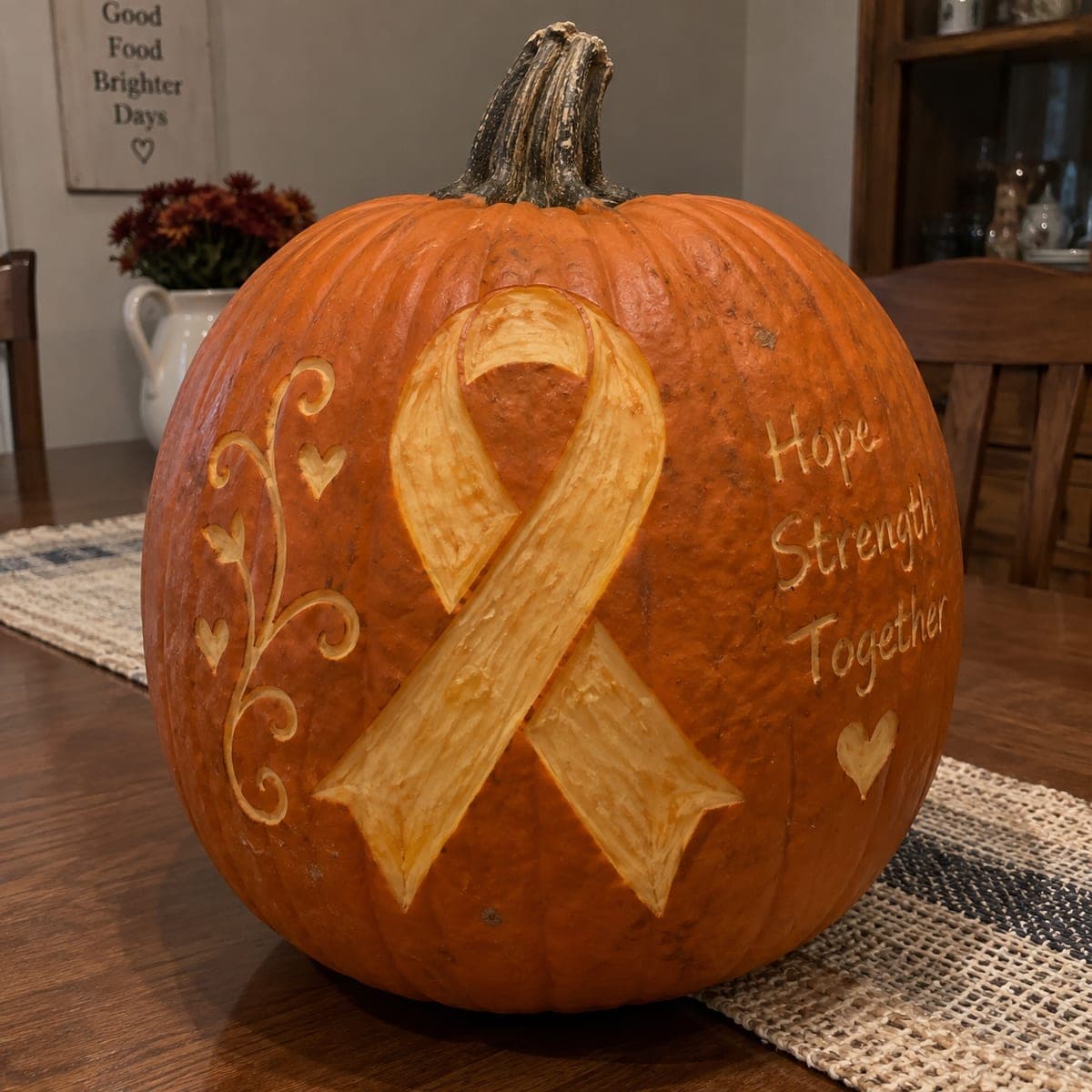 Awareness Ribbon Pumpkin With Carved Heart Accents