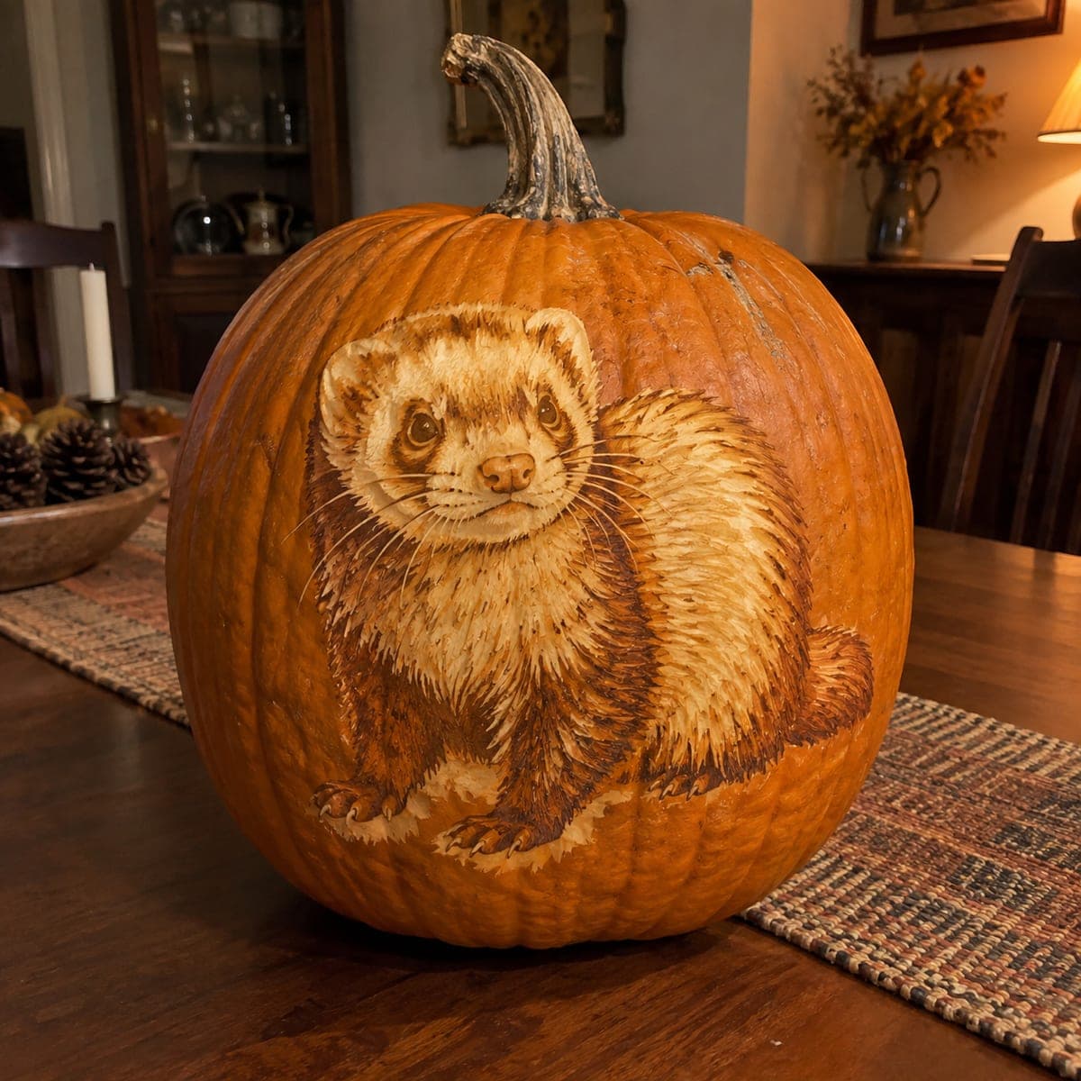 Fluffy Ferret Etched Pumpkin Portrait