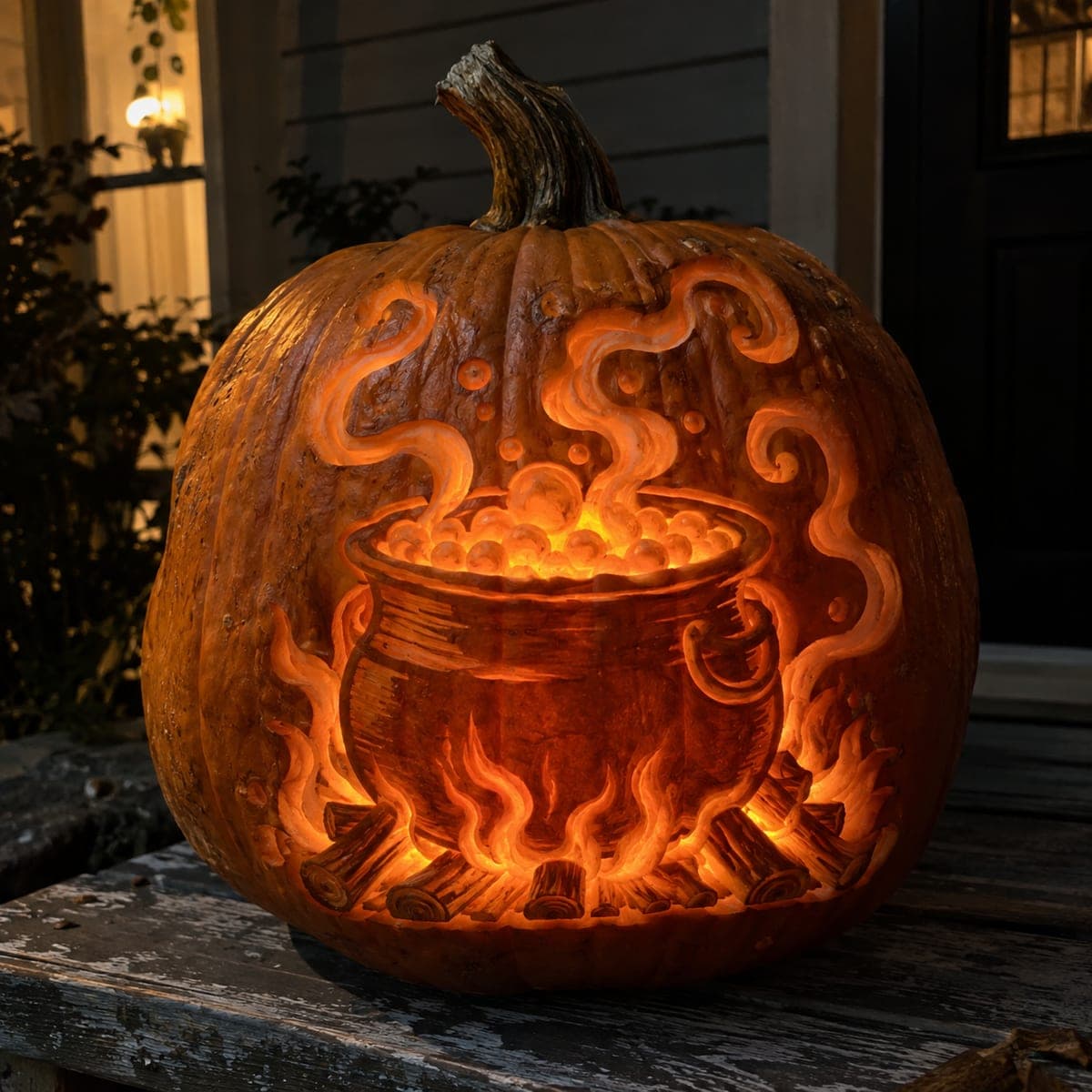 Bubbling Witch Cauldron Carved Pumpkin Scene