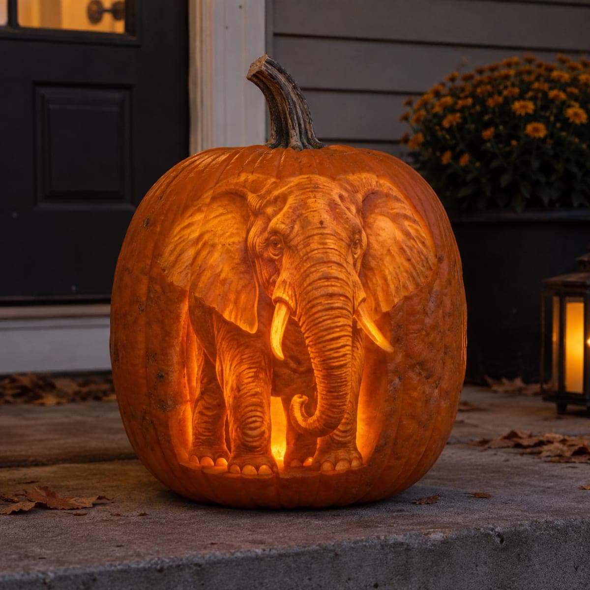 Realistic Elephant Portrait Carved Into a Pumpkin