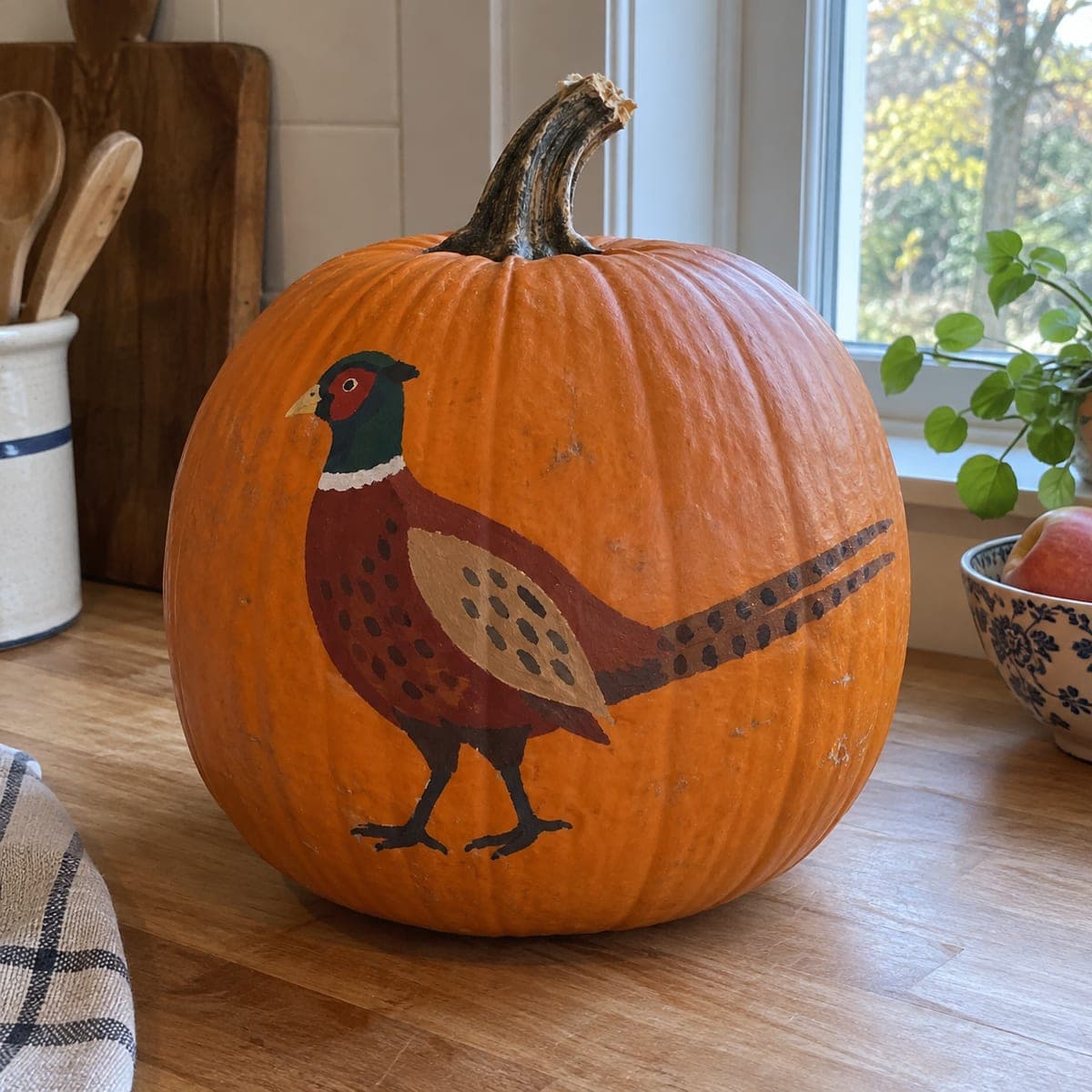 Ring-Necked Pheasant Painted Fall Pumpkin