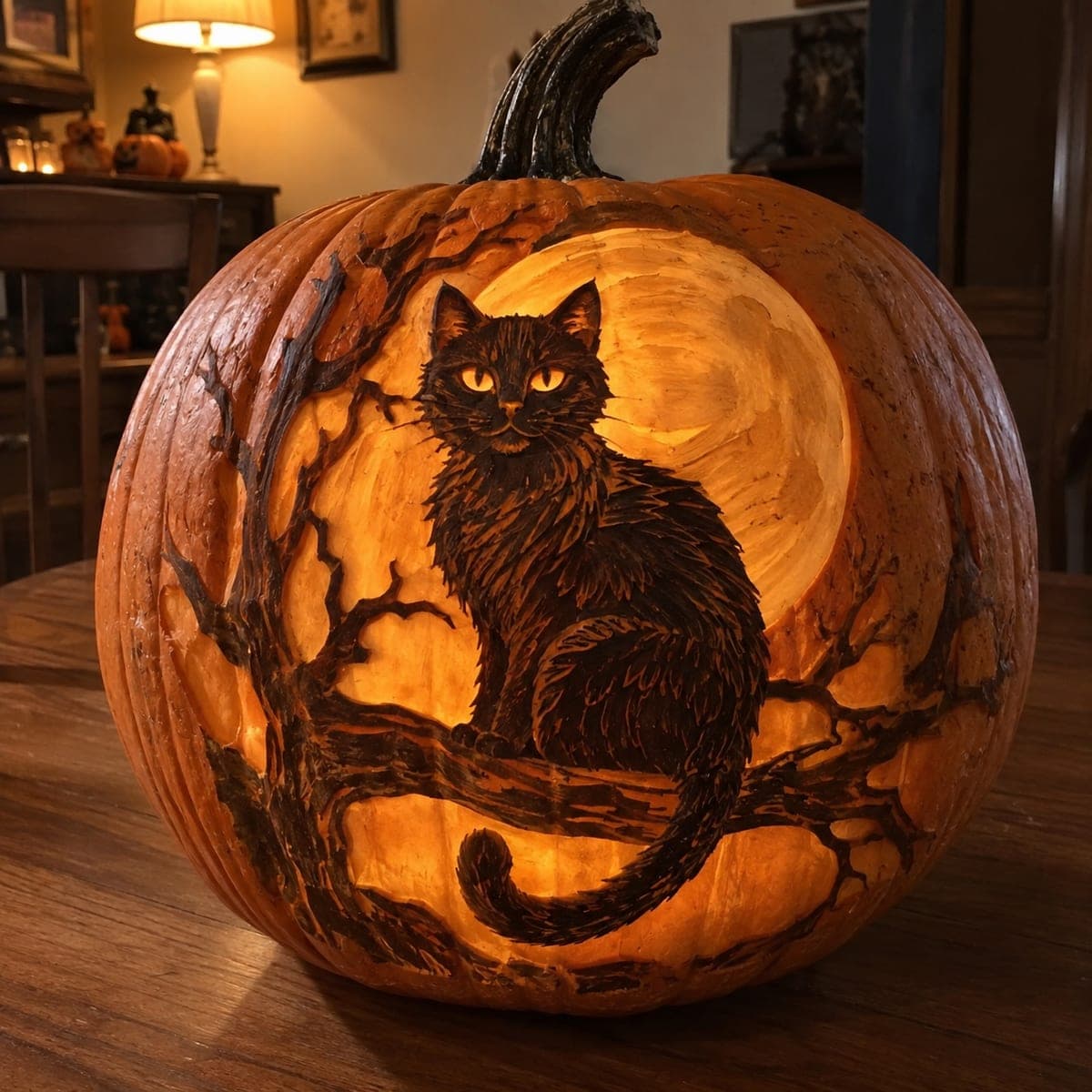 Black Cat and Full Moon Etched Pumpkin