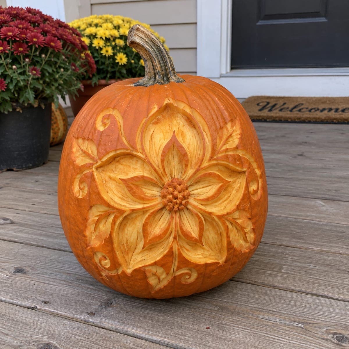 Layered Flower Relief Pumpkin for Fall Porches