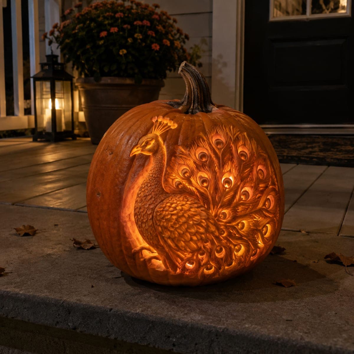 Ornate Peacock Pumpkin Carving With Glowing Tail Feathers