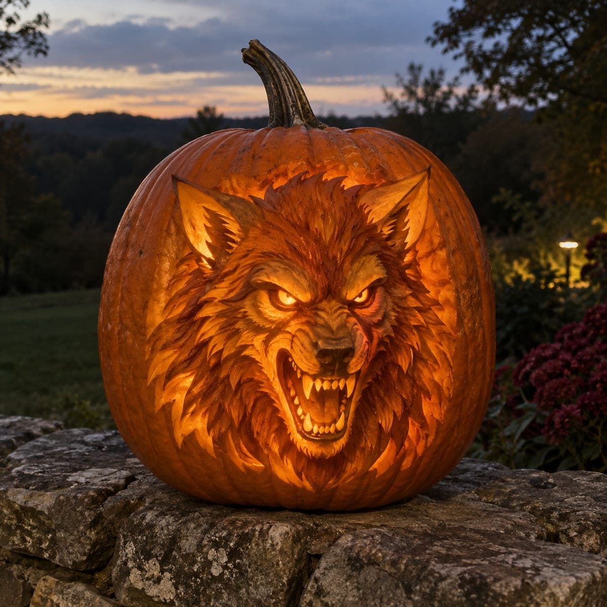 Snarling Werewolf Pumpkin Carving With Fiery Glow