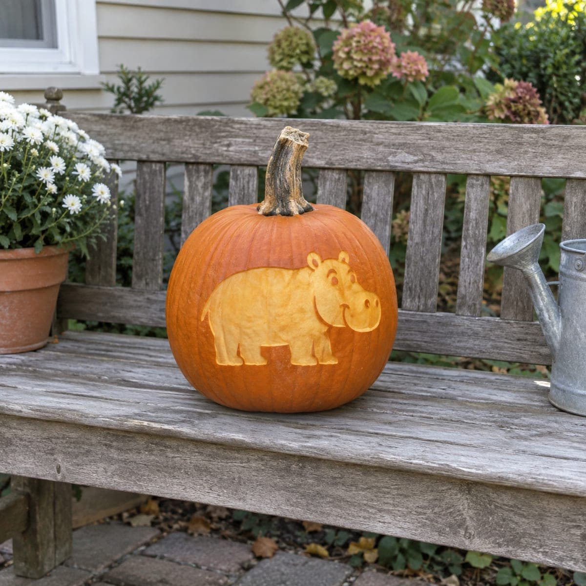 Smiling Hippo Etched Pumpkin for Kids