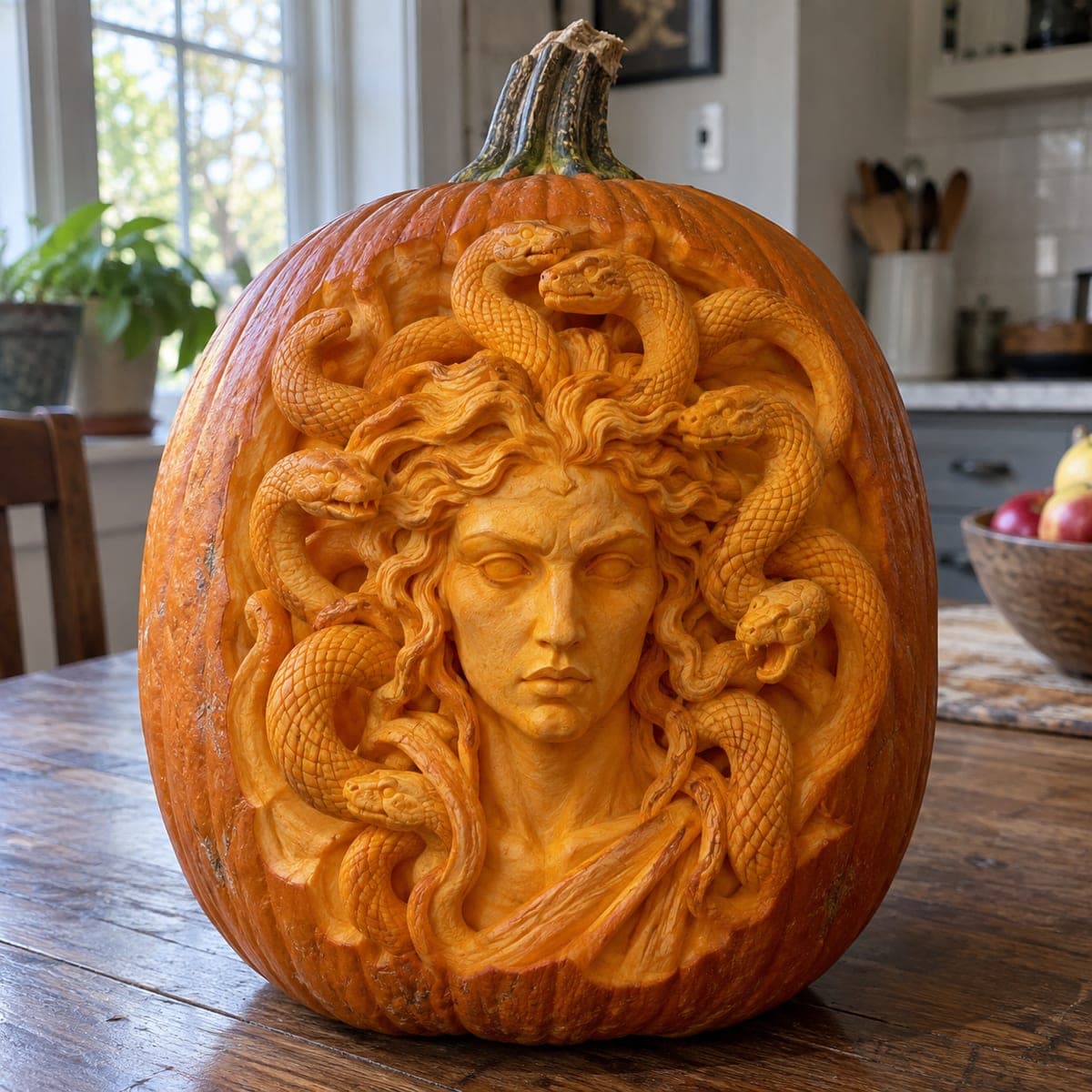 Medusa Head Sculpted Pumpkin With Coiling Snakes