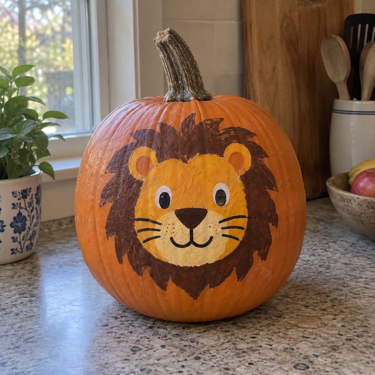 Friendly Lion Face Painted Pumpkin for Kids
