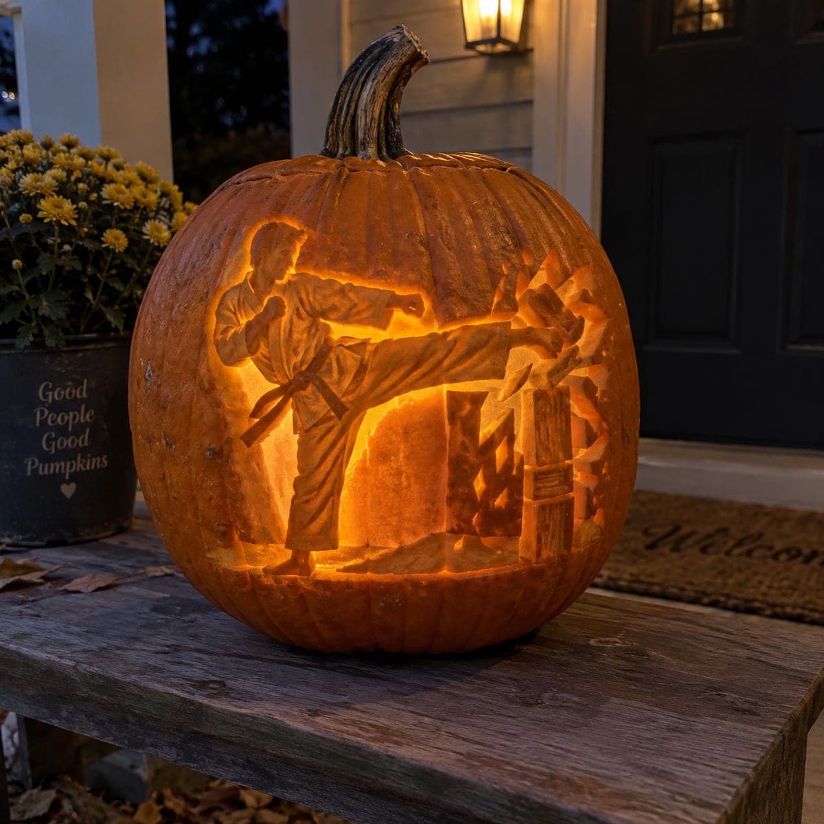Karate Kick Pumpkin Carving Breaking Boards Scene