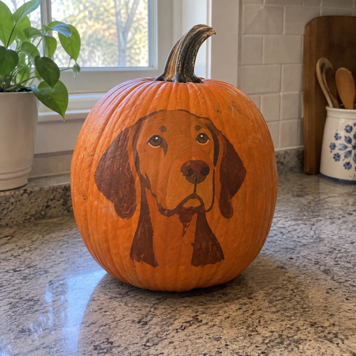 Vizsla Dog Portrait Painted on a Pumpkin