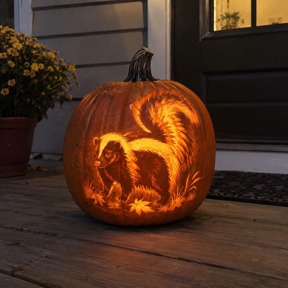 Bushy-Tailed Skunk Pumpkin Carving in Autumn Grass
