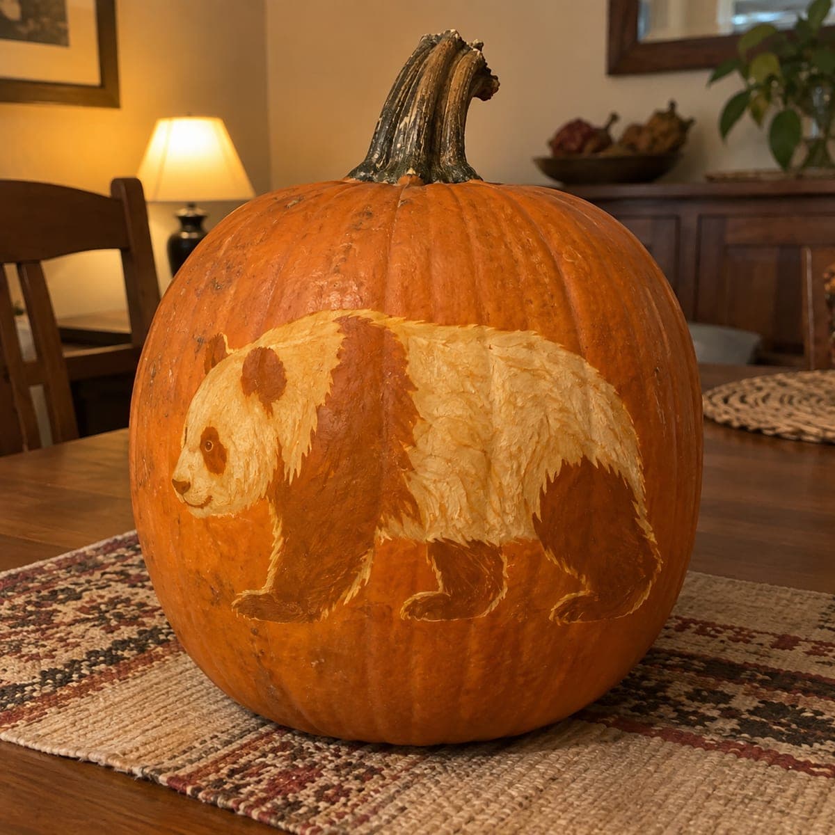 Gentle Panda Bear Etched Pumpkin Carving