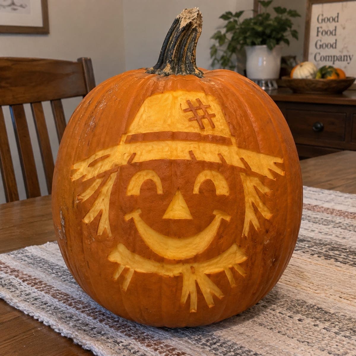 Smiling Scarecrow Face Etched Pumpkin Design