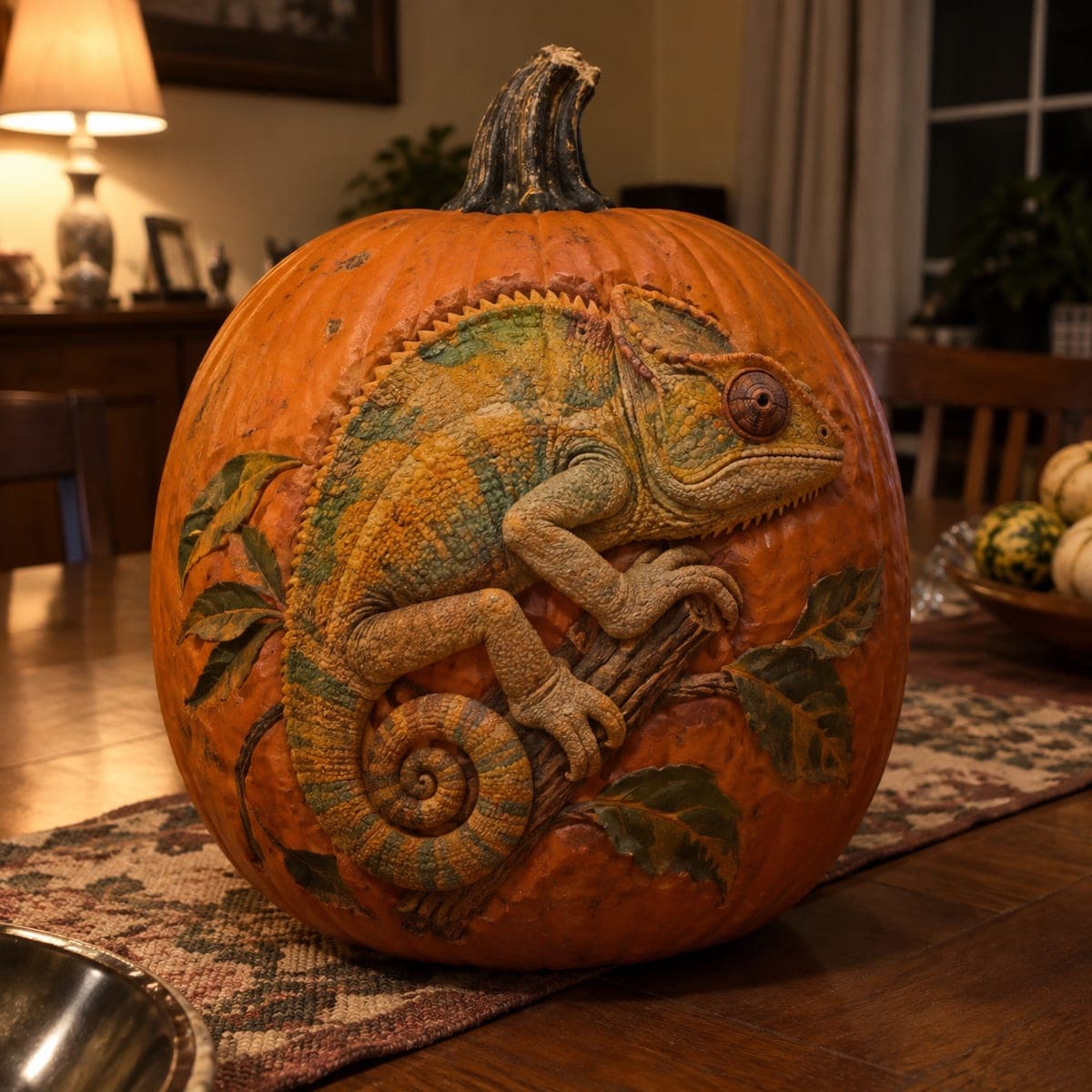 Chameleon on a Branch Sculpted Pumpkin Art