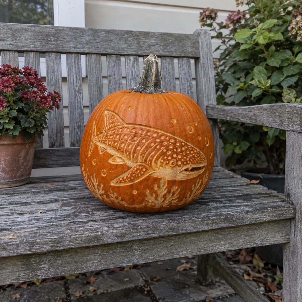 Whale Shark Etched Pumpkin With Coral Reef Border