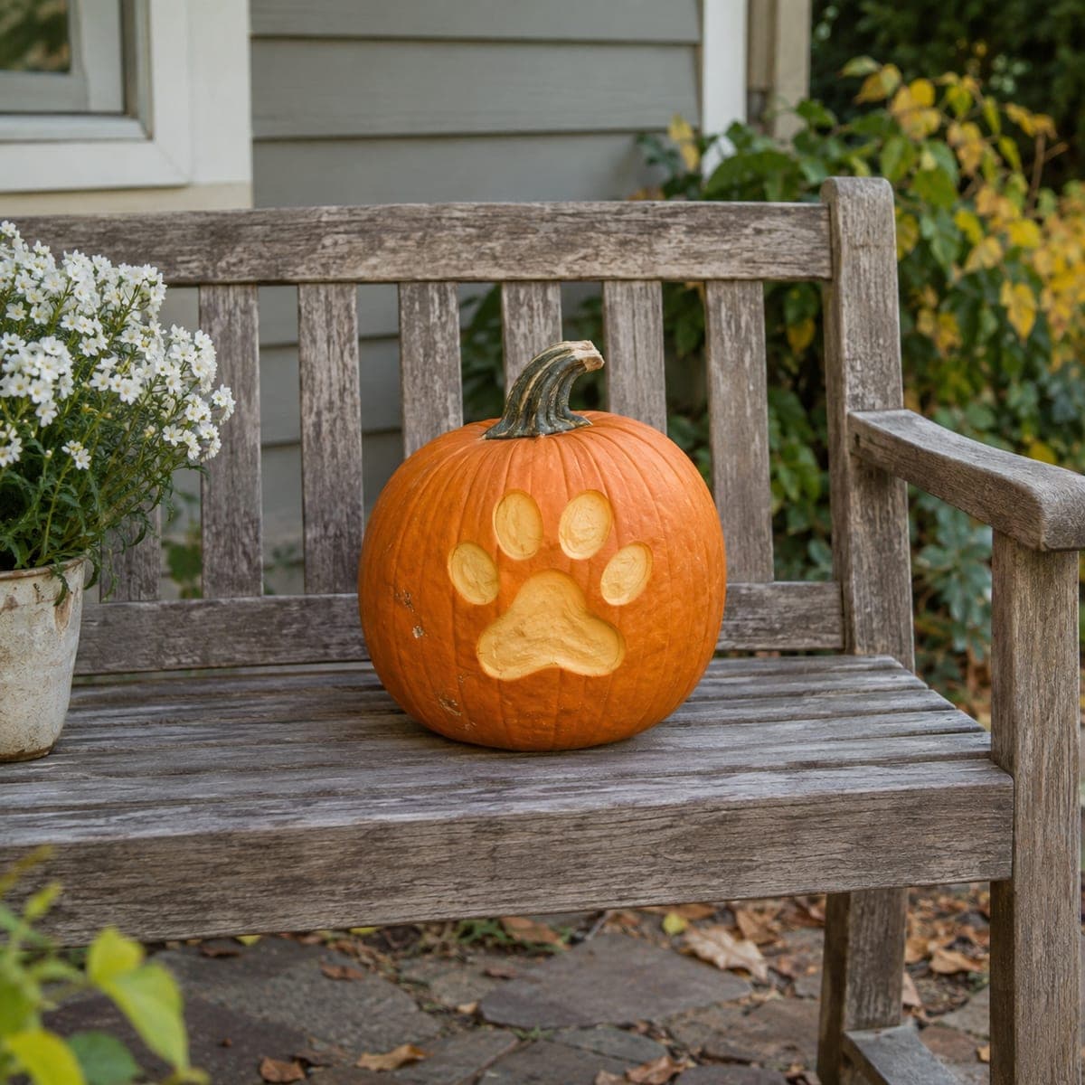 Paw Print Shading Pumpkin on Garden Bench