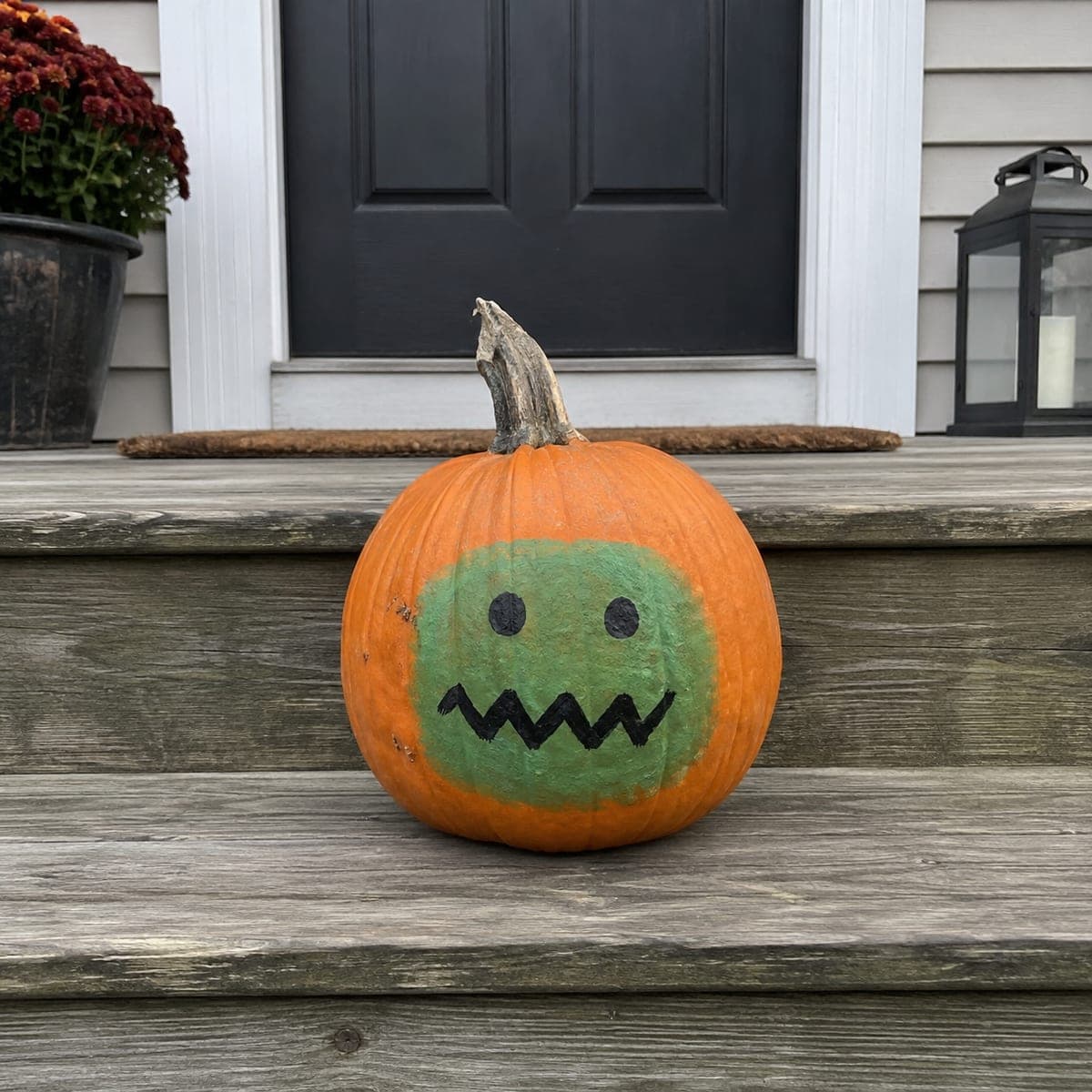 Green Monster Face No-Carve Painted Pumpkin