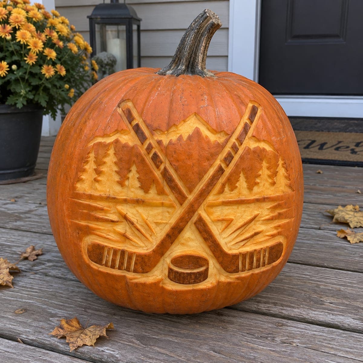 Crossed Hockey Sticks and Puck Relief Pumpkin