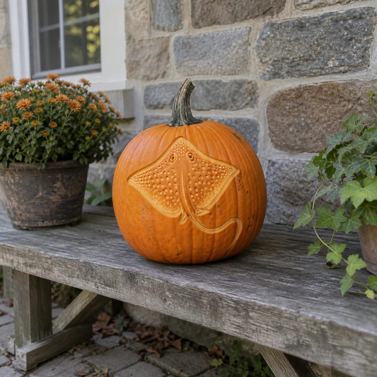 Spotted Stingray Relief Carving on Autumn Pumpkin