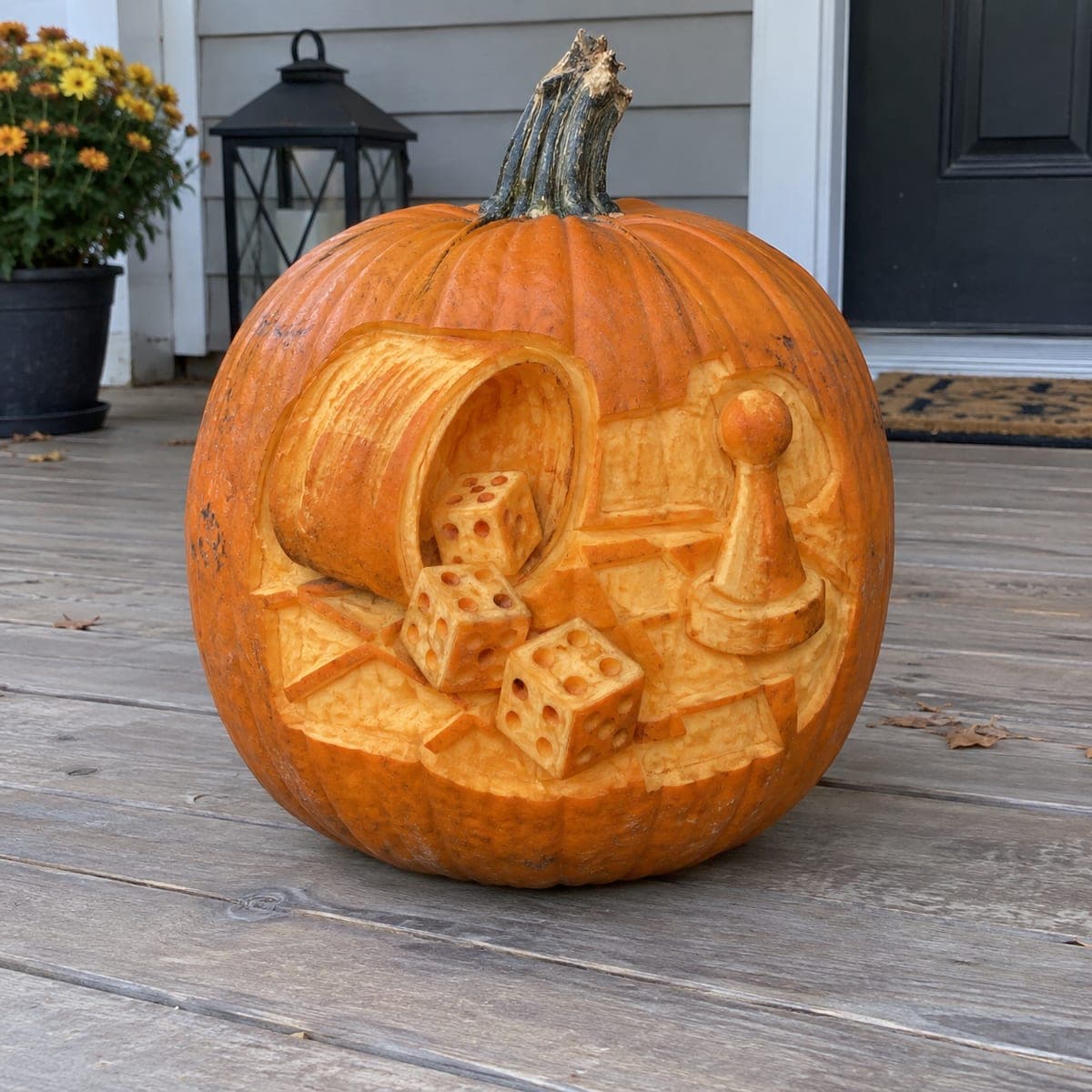 Board Game Dice and Meeple Relief Carved Pumpkin