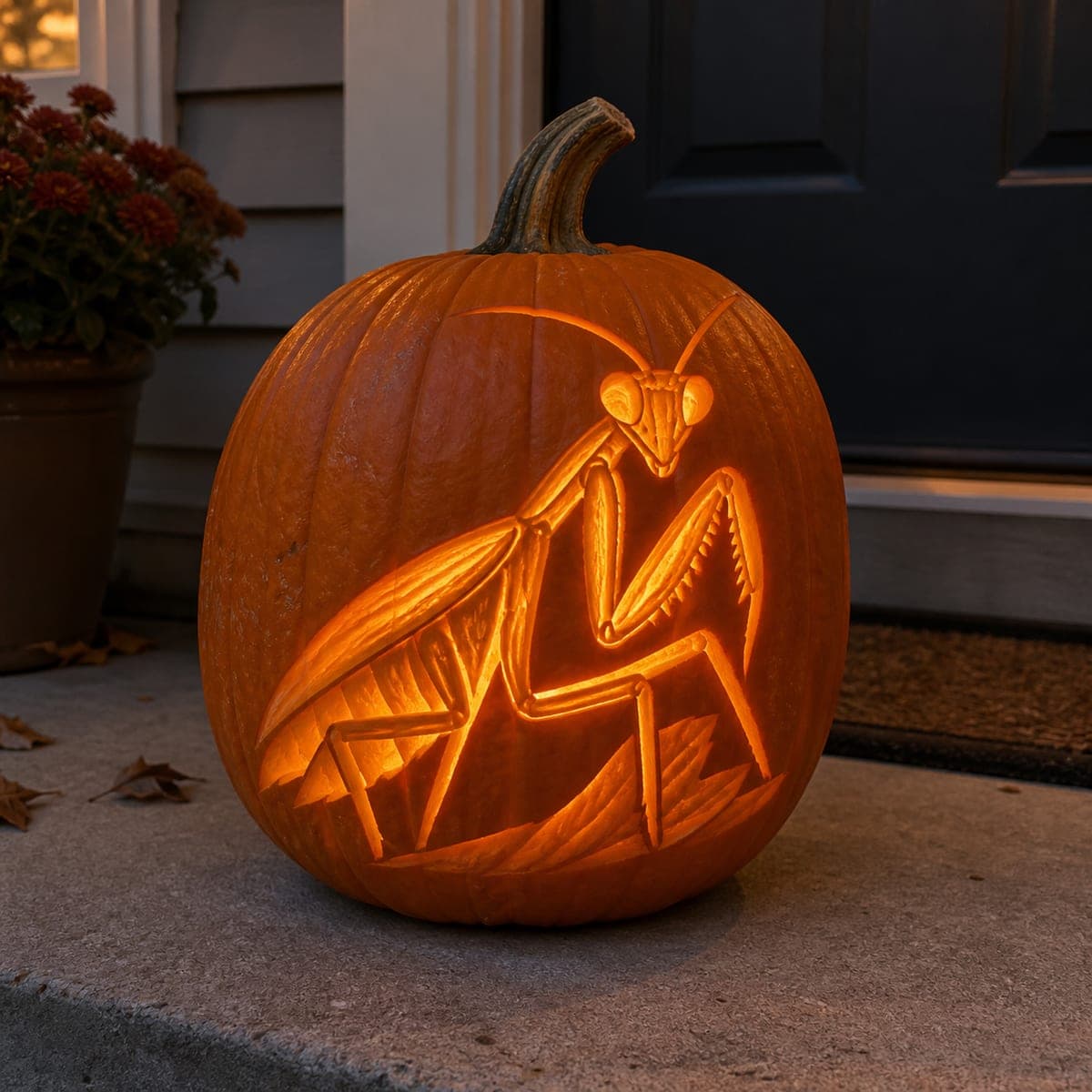 Praying Mantis Cutout Pumpkin Glowing at Night