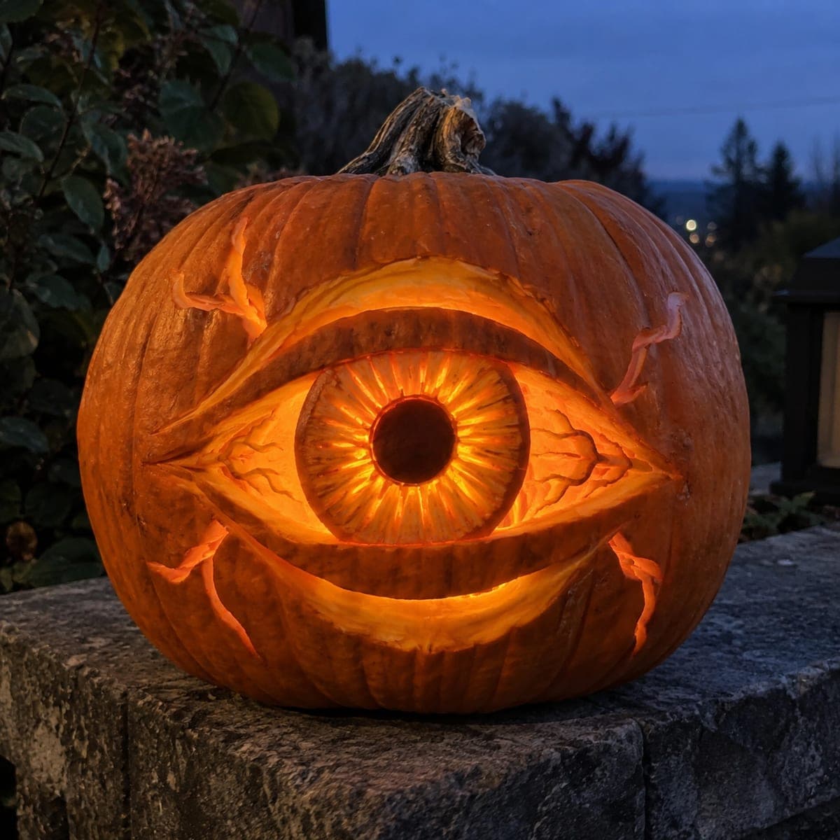 Giant Evil Eye Cutout Jack-O-Lantern at Dusk