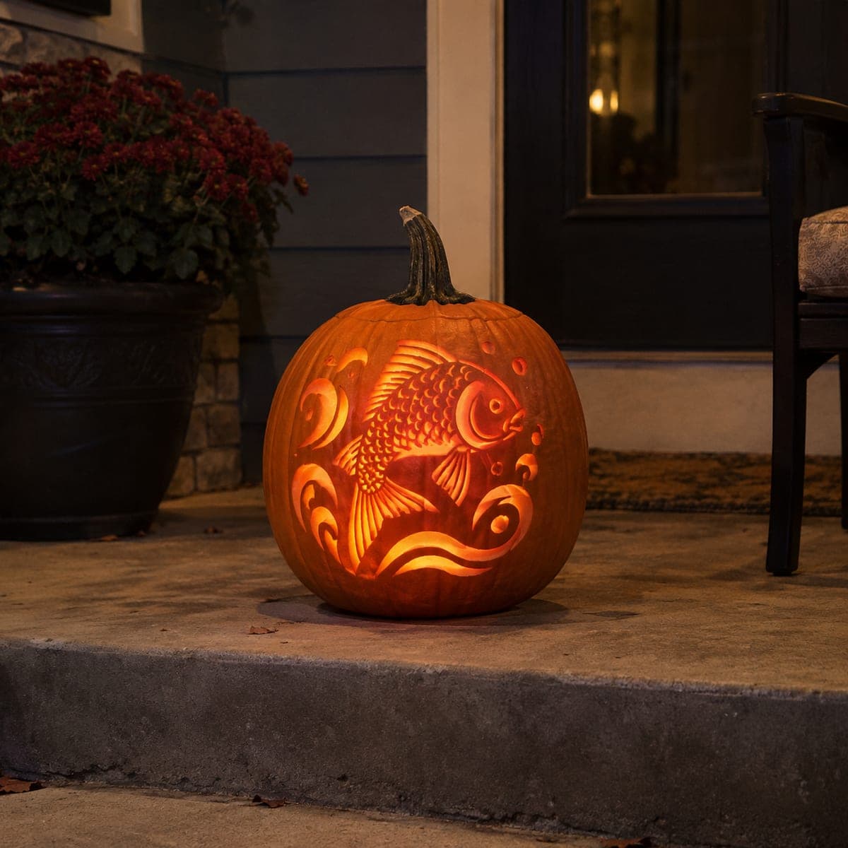 Koi Fish and Waves Cutout Pumpkin at Night