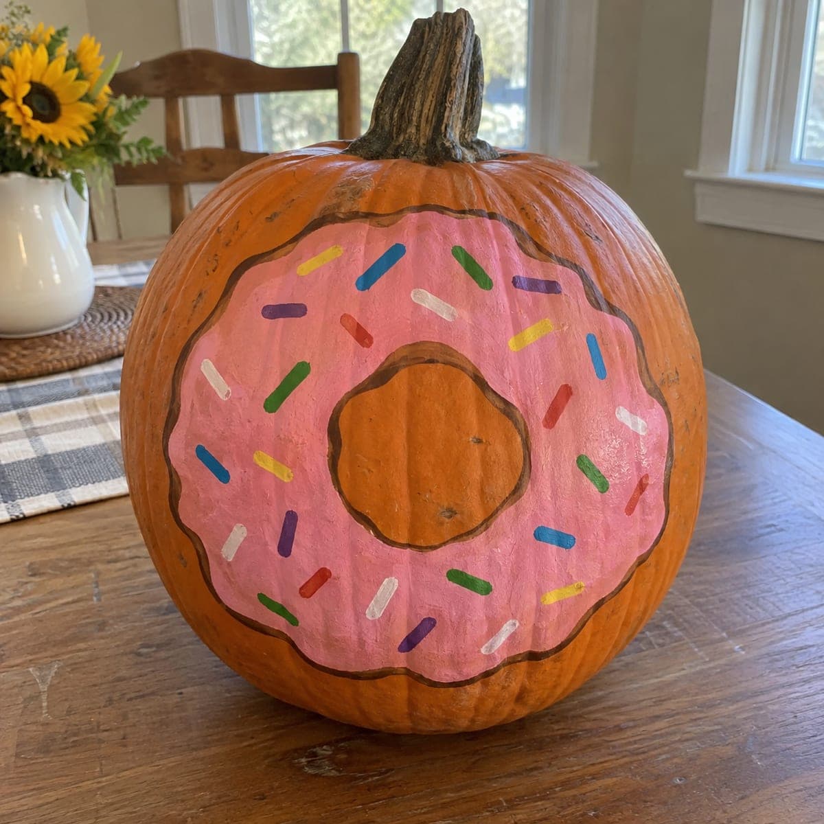 Pink Frosted Donut No-Carve Painted Pumpkin
