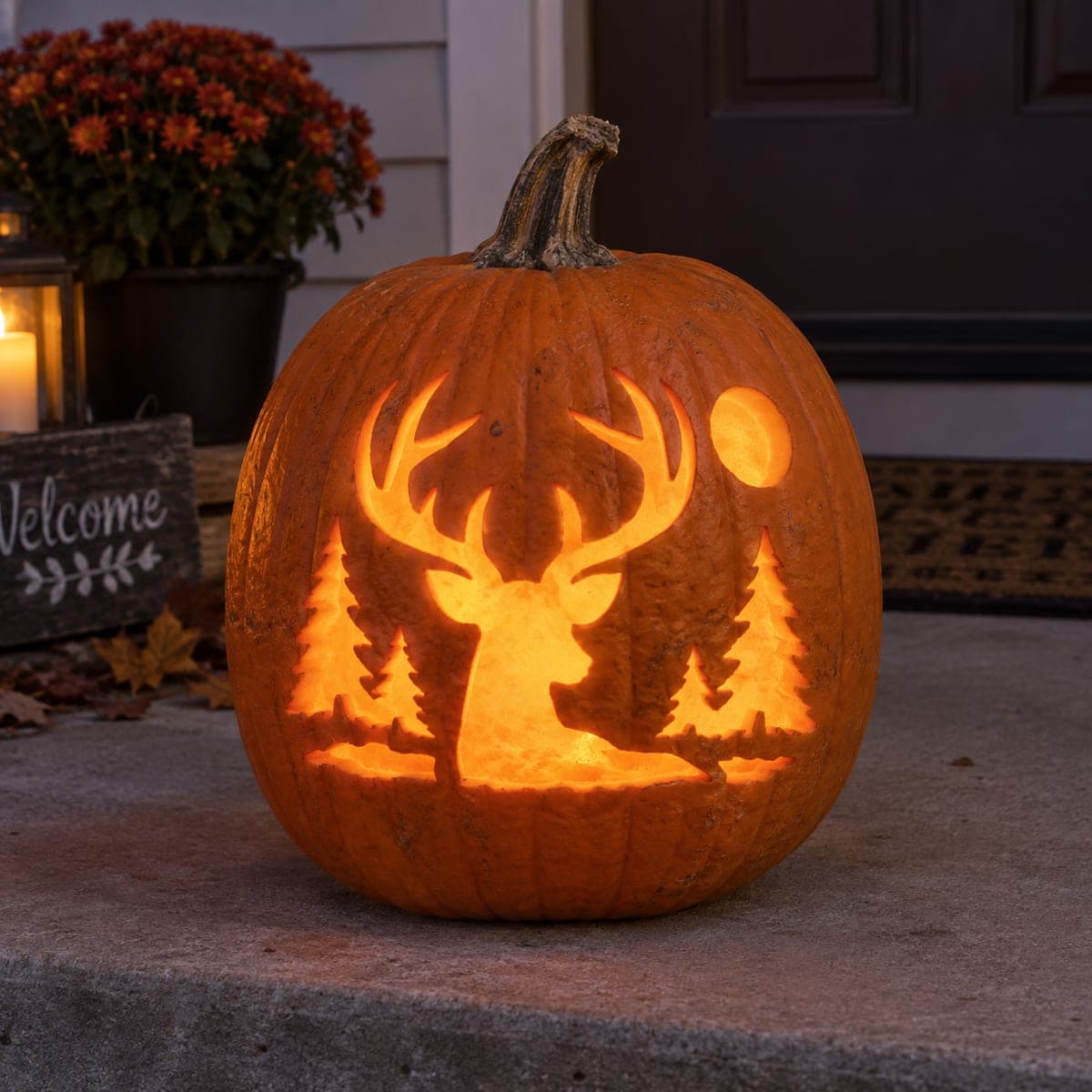 Buck Deer and Pine Forest Silhouette Jack-O-Lantern