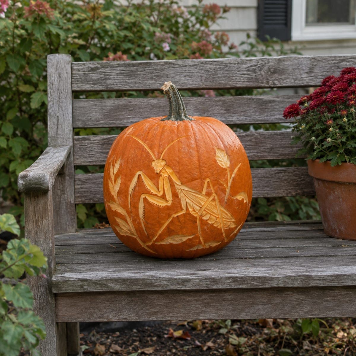 Praying Mantis and Grasshopper Nature Scene Pumpkin