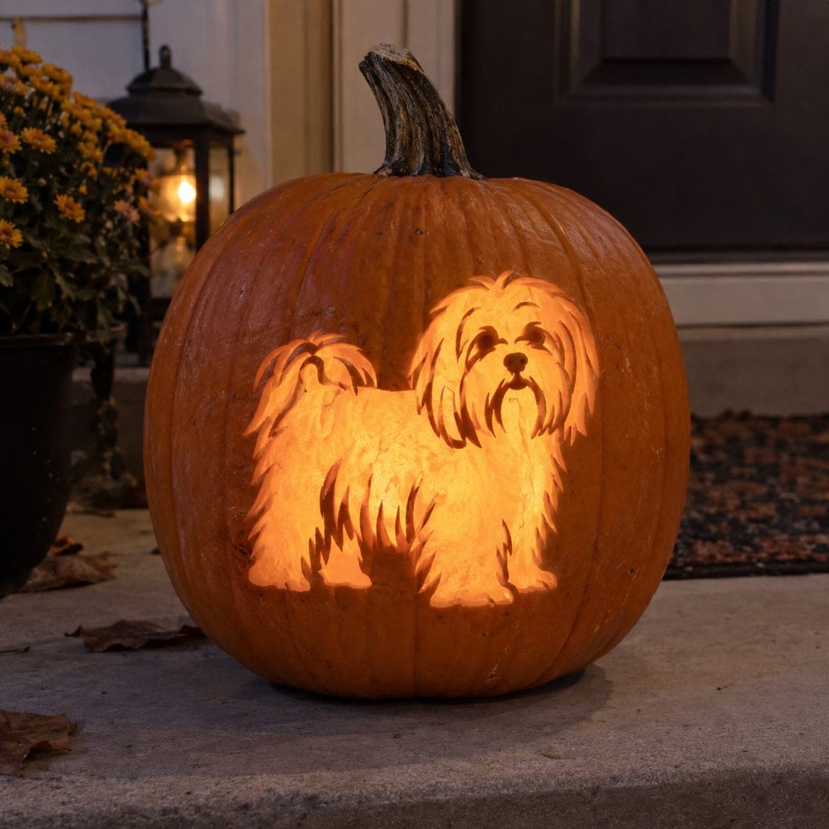 Fluffy Shih Tzu Silhouette Pumpkin at Night