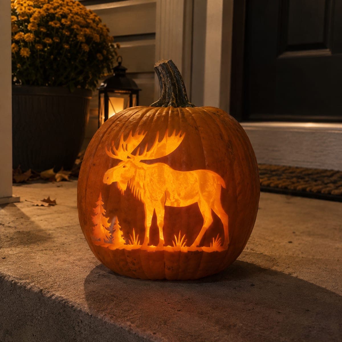 Moose in Pine Meadow Silhouette Pumpkin Glowing
