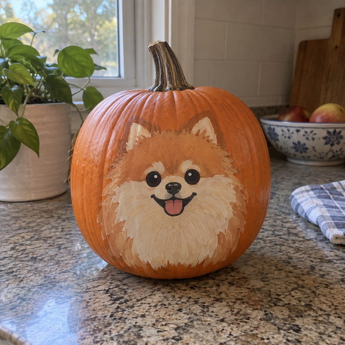 Cute Pomeranian Face No-Carve Painted Pumpkin