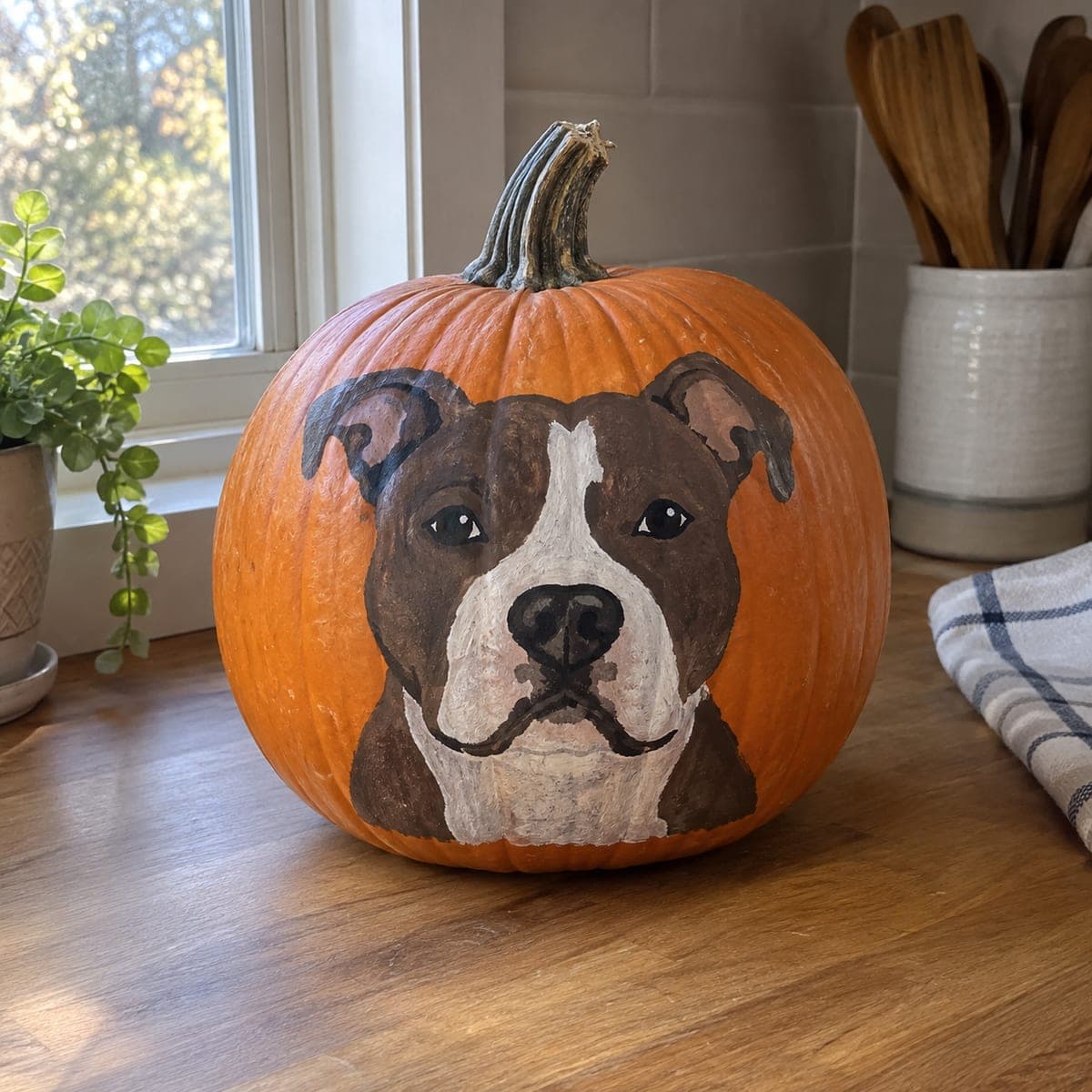 Pit Bull Portrait No-Carve Painted Pumpkin