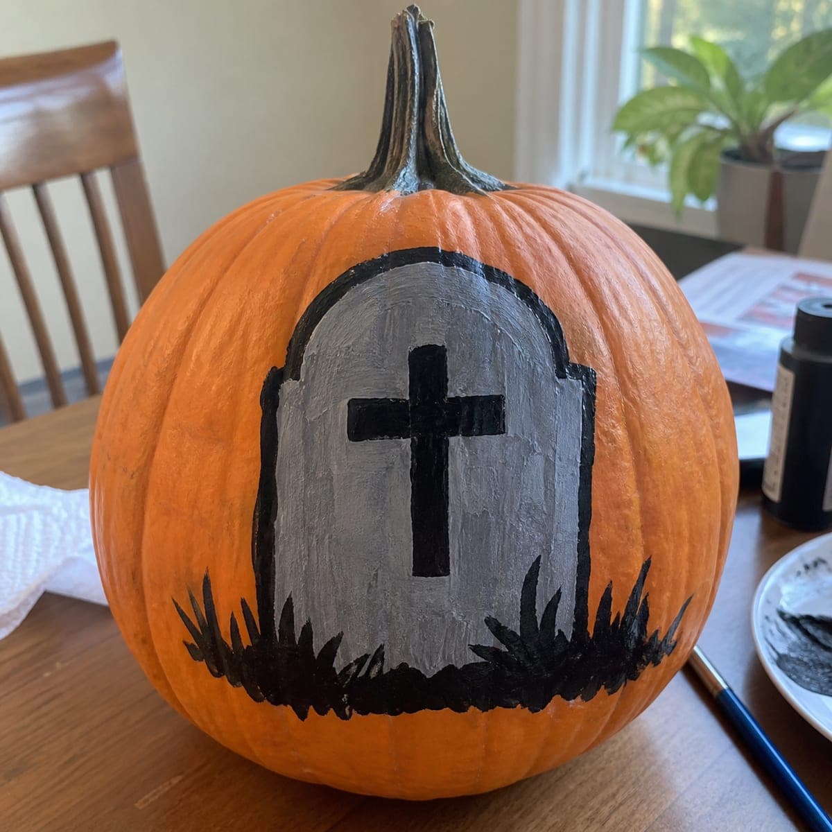 Tombstone with Cross No-Carve Painted Pumpkin