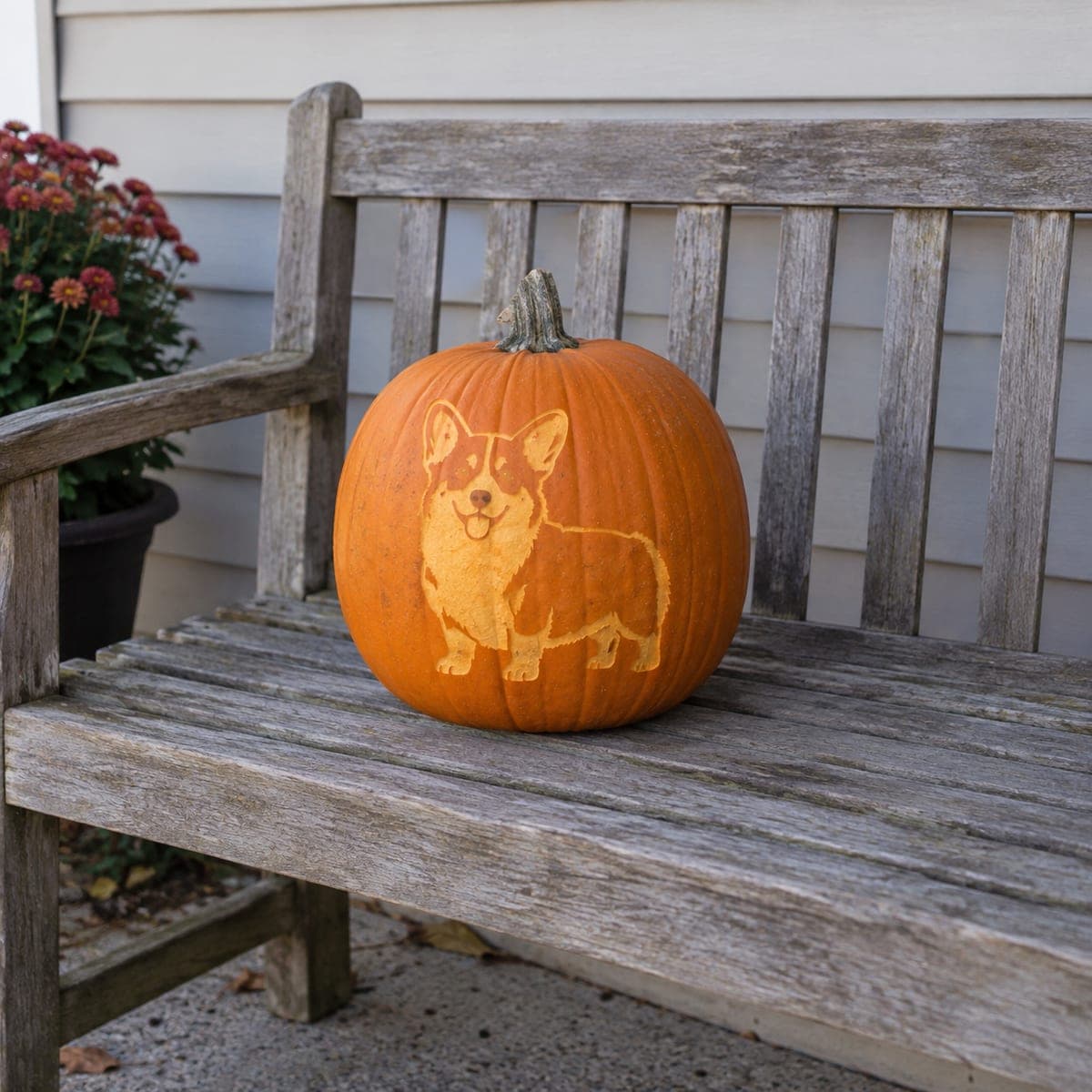Happy Corgi Shading Carving on Garden Bench Pumpkin