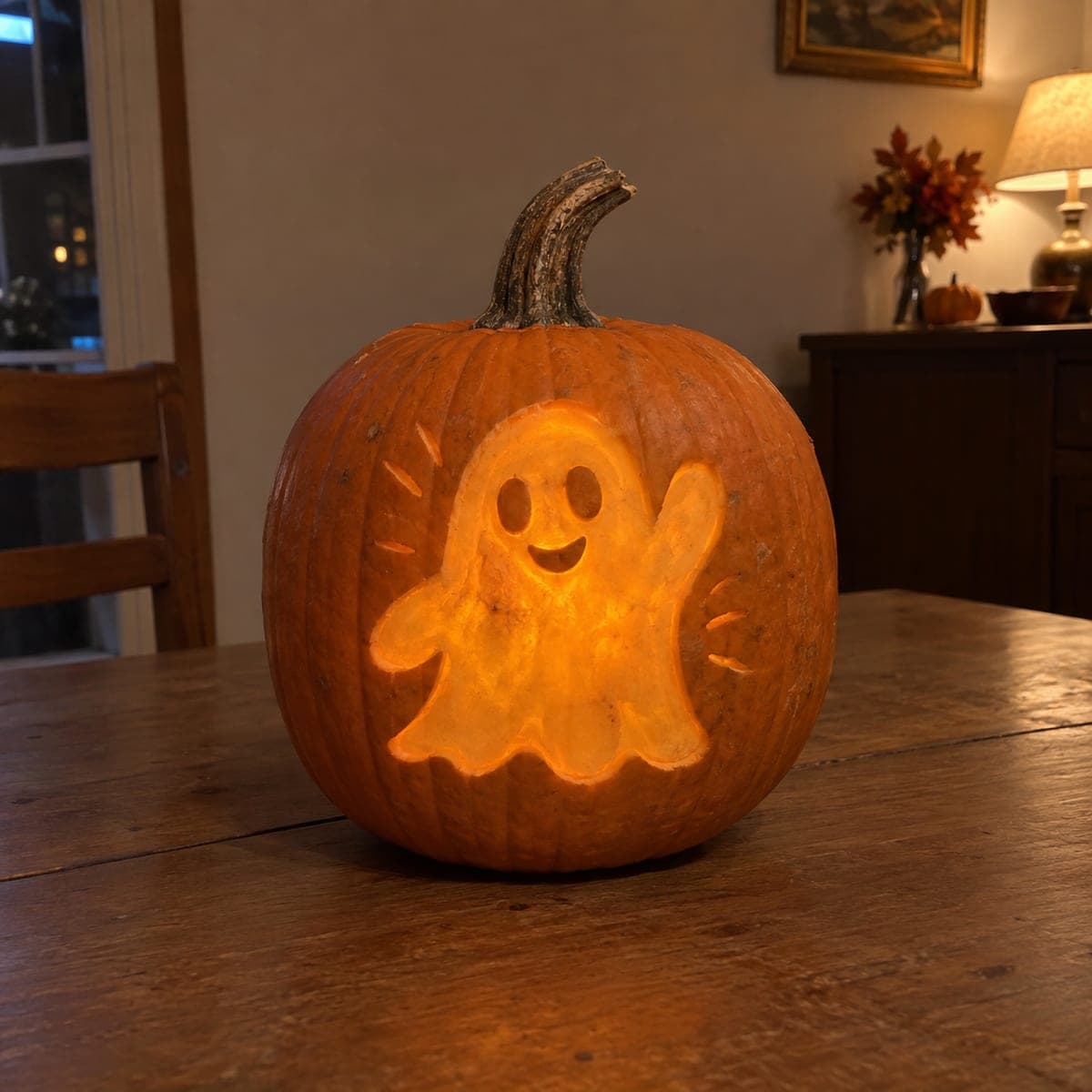 Friendly Ghost Cutout Jack-O-Lantern on Table
