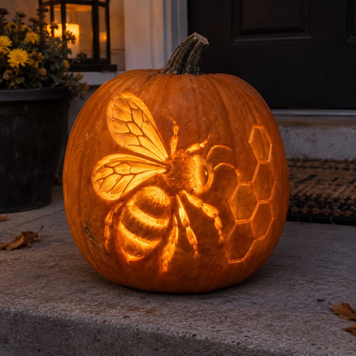 Honeybee with Honeycomb Panel Carved Pumpkin