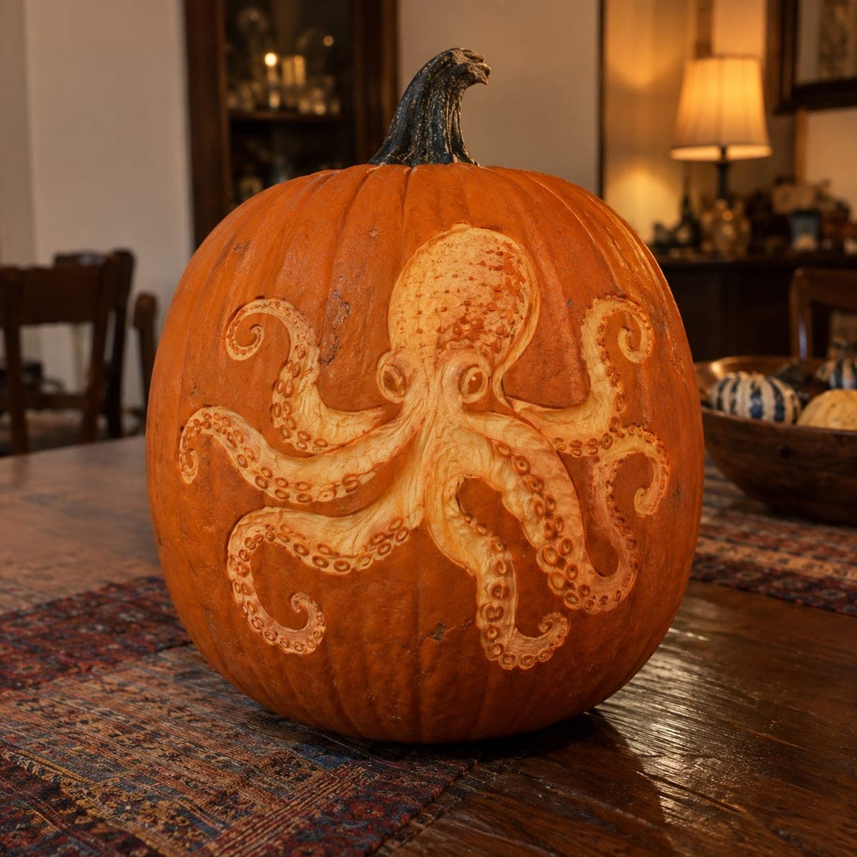 Detailed Octopus Etched Pumpkin with Curling Tentacles
