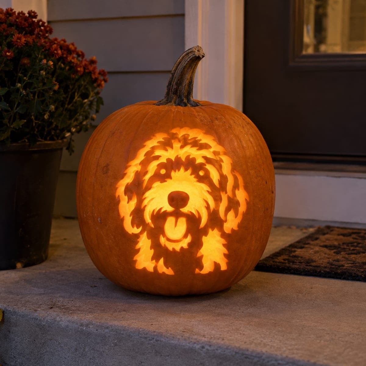 Fluffy Goldendoodle Dog Face Carved Pumpkin