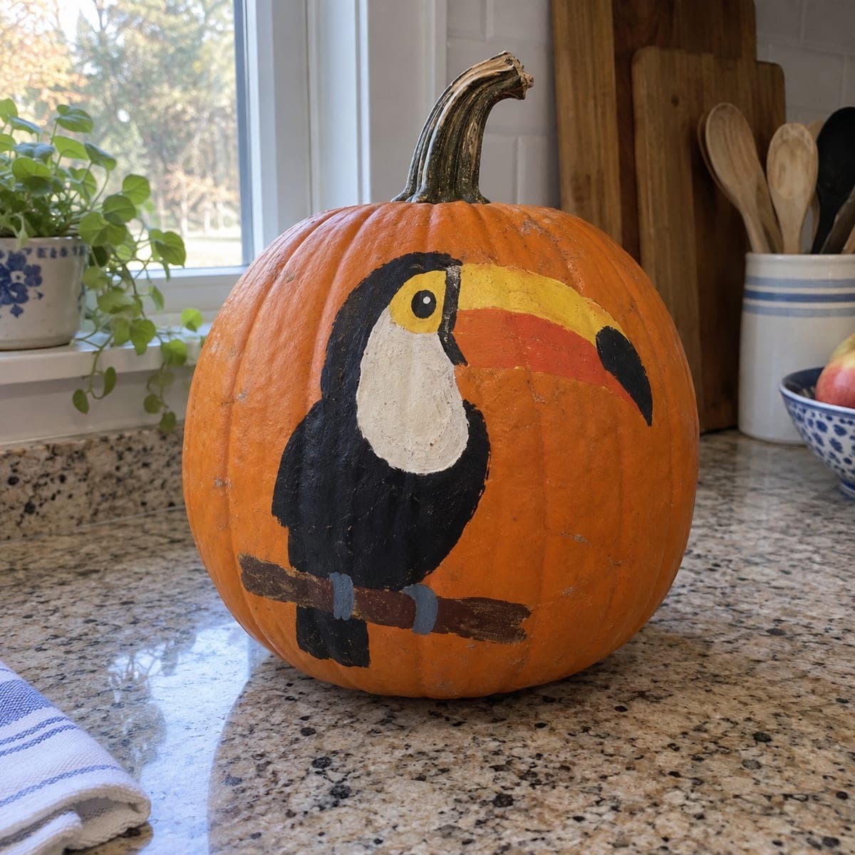 Painted Toucan on Branch No-Carve Pumpkin