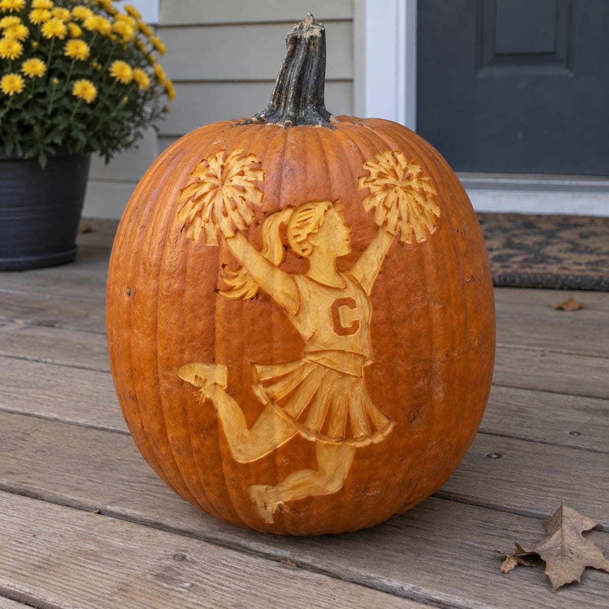 Cheerleader with Pom-Poms Carved Pumpkin