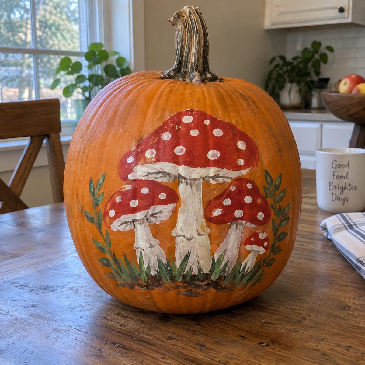 Red Toadstool Mushroom Cluster Painted Pumpkin