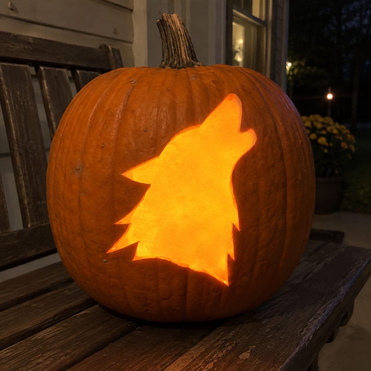 Howling Wolf Silhouette Pumpkin on Porch Bench