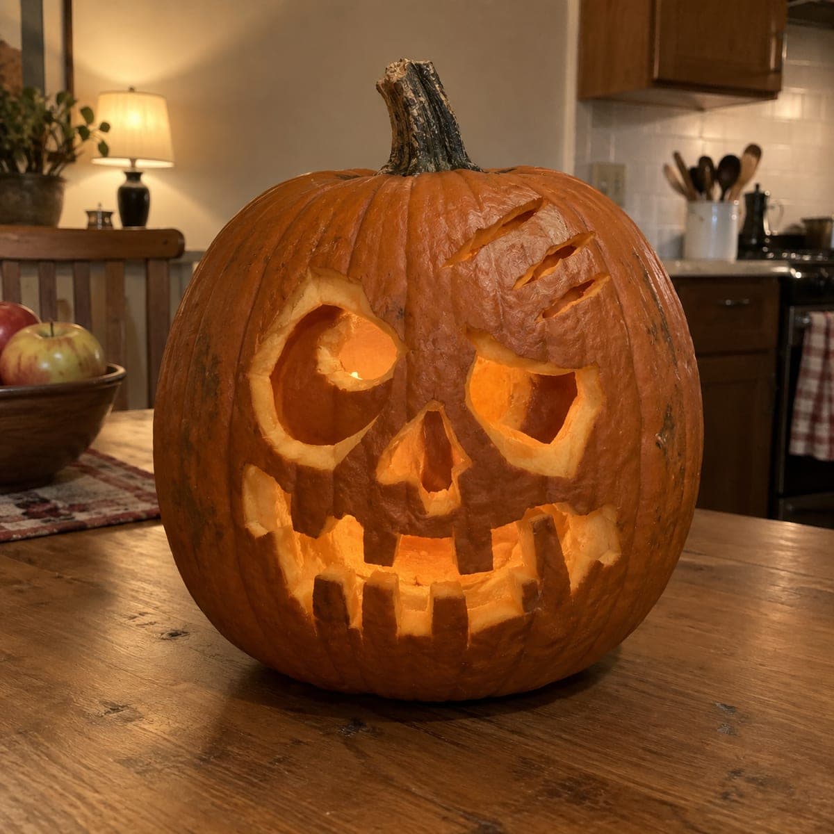 Skull Jack-O-Lantern with Stitches and Square Teeth